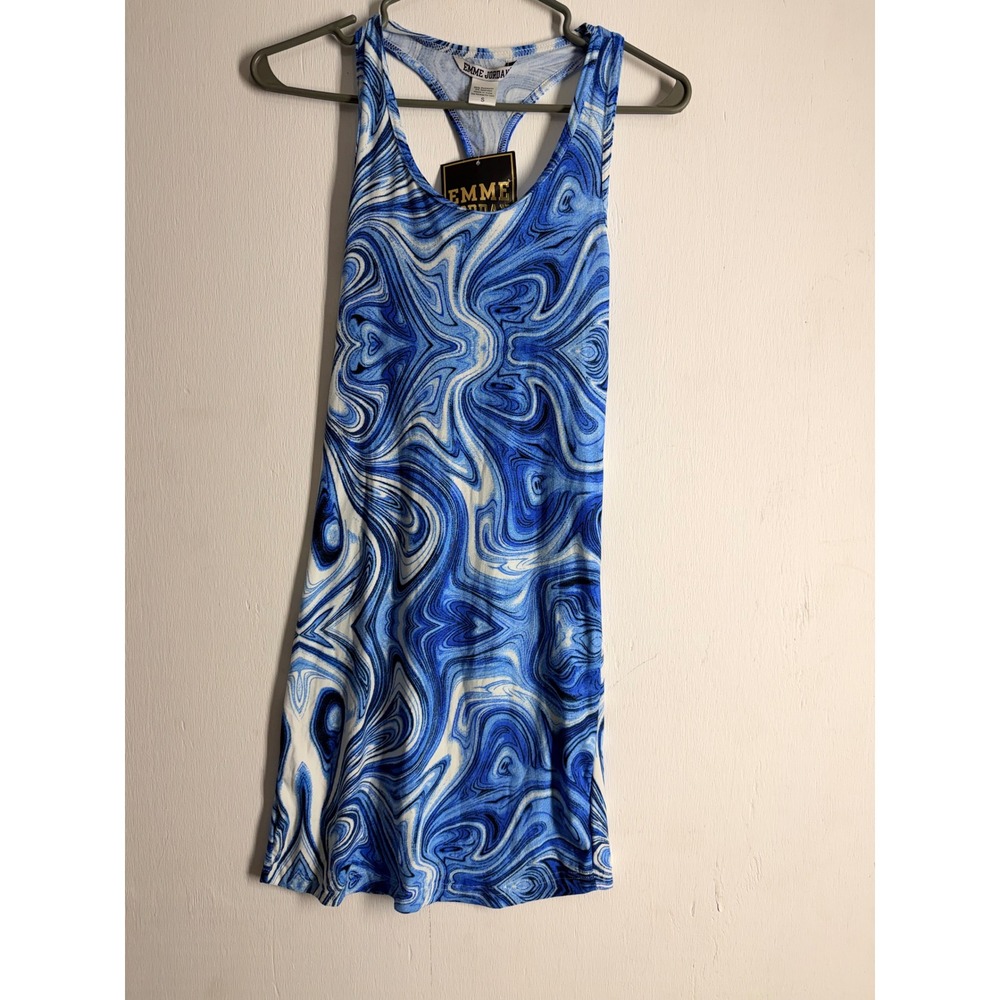 Emme Jordan Blue Marble Swirl Racerback Mini Dress CH236R Small NWT Psychedelic